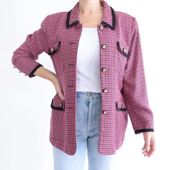 Vintage Petite Sophisticate Pink Houndstooth Button Up Blazer 14 - Picture 2 of 13